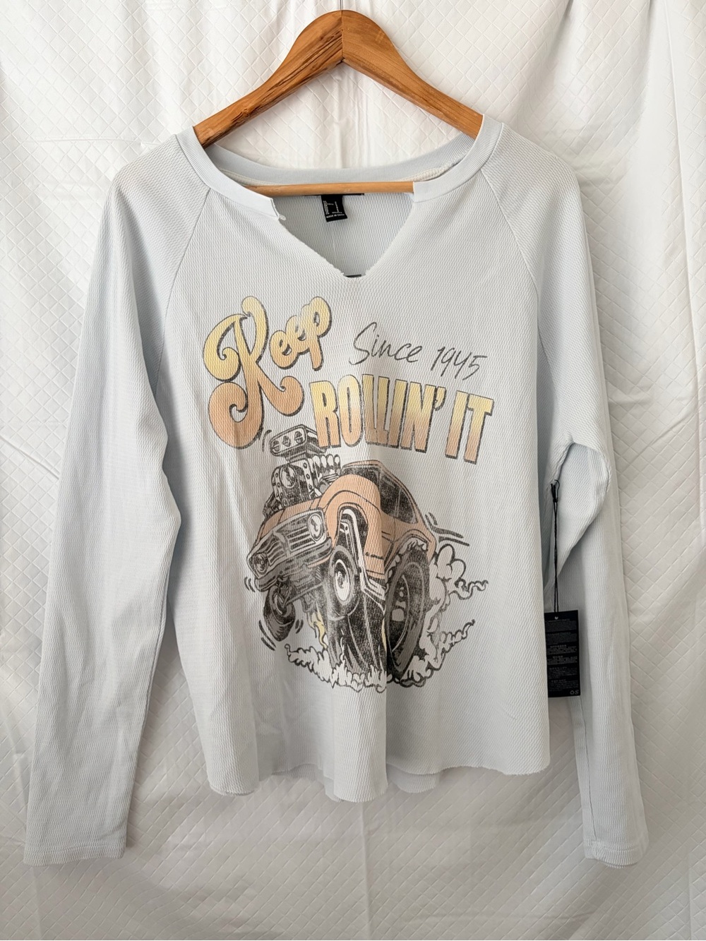 Forever 21 Light Blue Graphic 'keep Rollin' It' Long-Sleeve Top